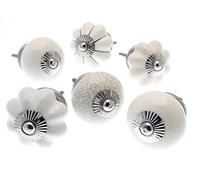 Mango Tree Cupboard Knobs - Decorative Whites and Crackle Finish Round and Flower Shaped Ceramic Door and Drawer Handles - Vintage Home Décor Set of 6