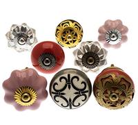 Mango Tree Door Knob Set of 8 Elegant Red, Black and White Ceramic Cupboard Knobs with Hand Cut Glass