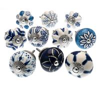 Mango Tree Mixed Set of 10 Blue and White Ceramic Door knobs/Cupboard knobs/Drawer knobs (MANGO-203)