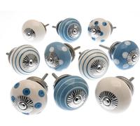 Mango Tree - Mixed Set of 10 x Blue and White Spots and Stripes Ceramic Door Cupboard Knobs