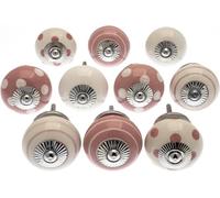 Mango Tree Mixed Set of 10 x Dusty Pink and White Spots and Stripes and Crackle Ceramic Cupboard Knobs/Door knobs/Drawer knobs (MG-730-2)