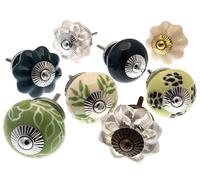 Mango Tree - Mixed Set of 8 x Autumn Greens and Yellows Ceramic Cupboard Knobs (MG-721)