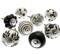 Mango Tree - Mixed Set of Black & White Ceramic Cupboard Knobs x Set of 8