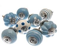 Mango Tree - Mixed Set of Blues Ceramic Cupboard Knobs x Pack 8 (MG-03)