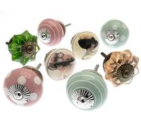 Mango Tree - Mixed Set of Green & Rose Pink Glass & Ceramic Cupboard Knobs x Pack 8 (MG-169)