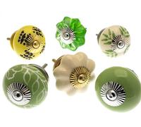 Mango Tree - Mixed Set of Greens & Creams Vintage Shabby Chic Style Ceramic Cupboard Knobs X Pack 6 (MG-229-A)