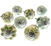 Mango Tree Vintage Cupboard Knob - Decorative Light Green and Cream with Patterns, Dots, Spots and Stripes Drawer Pull and Ceramic Door Handle - Elegant Hardware Set of 8
