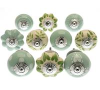 Mango Tree Vintage Cupboard Knob - Decorative Light Green and Cream with Patterns, Dots, Spots and Stripes Drawer Pull and Ceramic Door Handle - Elegant Hardware Set of 10
