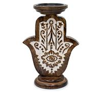 Mango Wood Candle Holder with Hamsa Design, 18 x 11 cm, Small