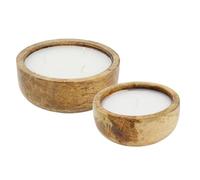 Mango Wood Candle Set, 1 Small 12cm and 1 Large 17cm White Scented Candles in Rustic Wooden Holders with Sandalwood and Bergamot Fragrance