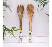 Mango Wood Enamelled Lemon Handles Salad Serving Spoon & Fork Set