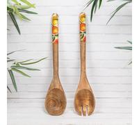 Mango Wood Orange & Lemon Enamelled Handles Salad Serving Spoon & Fork Set