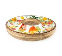 Mango Wood Tomato Chip and Dip Serving Platter, 31cm Large Round Wooden Enamelled Tomato Design Chip & Dip Bowl Tray