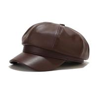 Mangroo Women's PU Leather Plain 8 Panel Octagonal Hat British Style Artist Painter Newsboy Cap, Coffee, One Size
