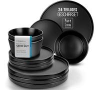 Manhattan 24-Piece Black Crockery Set for 8 People, Urban Style Stoneware Crockery Set, Matte Black, Microwave Safe, Black Plate Set, Black Tableware Set, Dinner Service