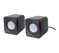 Manhattan 2600 Series Speaker System, Small Size, Big Sound, Two Speakers, Stereo, USB power, Output: 2x 3W, 3.5mm plug for sound, In-Line volume control, Cable 0.9m, Black, Three Year Warranty, Box
