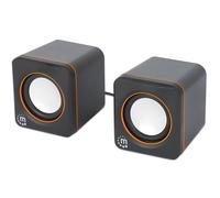 Manhattan 2600 Series Speaker System Two Speakers Black/Orange USB for Stereo Audio and Power Output: 2x 3W Decent Sound Integrated rotary volume control USB-C/USB-A Adapter Cable 1.4m