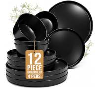 Manhattan Black Tableware Set 12 Pieces for 4 People - Urban Style Matte Black Stoneware - Microwave Safe - Black Tableware - Black Tableware Set