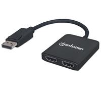 Manhattan DisplayPort 1.2 to 2-Port HDMI Splitter Hub with MST, 4K@30Hz, USB-A Powered, Video Wall Function, HDCP 2.2, Black, MST = Multi-Stream Transport, 3 Year Warranty