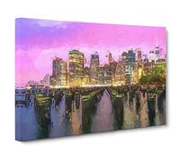 Manhattan From Brooklyn Bridge Canvas Print | Gallery Wrapped 30mm Frame Wall Art | 24x16 inches | Ready to Hang | Abstract Cityscape Picture | Living Room Bedroom Lounge Office