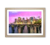 Manhattan from Brooklyn Bridge in Abstract Framed Print | A2 Oak Framed Wall Art | Ready to Hang | Abstract Cityscape Picture | Living Room Bedroom Lounge Office