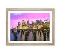 Manhattan From Brooklyn Bridge In Abstract Modern Art Framed Wall Art Print, Ready to Hang Picture for Living Room Bedroom Home Office Décor, Oak A4 (34 x 25 cm)