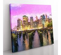 Manhattan from Brooklyn Bridge in Abstract Modern Canvas Wall Art Print Ready to Hang, Framed Picture for Living Room Bedroom Home Office Décor, 50x50 cm (20x20 Inch)