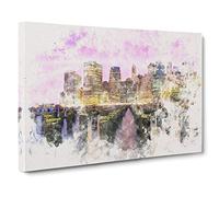 Manhattan from Brooklyn Bridge Watercolour Canvas Print | Gallery Wrapped 30mm Frame Wall Art | 30x20 inches | Ready to Hang | Modern Cityscape Picture | Living Room Bedroom Lounge Office