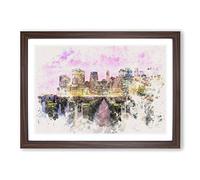 Manhattan from Brooklyn Bridge Watercolour Framed Print | A2 Walnut Framed Wall Art | Ready to Hang | Modern Cityscape Picture | Living Room Bedroom Lounge Office