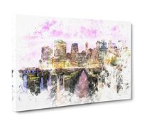 Manhattan From Brooklyn Bridge Watercolour Modern Canvas Wall Art Print Ready to Hang, Framed Picture for Living Room Bedroom Home Office Décor, 30x20 Inch (76x50 cm)