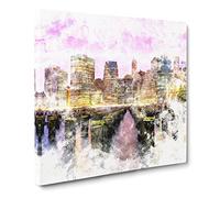 Manhattan from Brooklyn Bridge Watercolour Modern Canvas Wall Art Print Ready to Hang, Framed Picture for Living Room Bedroom Home Office Décor, 14x14 Inch (35x35 cm)