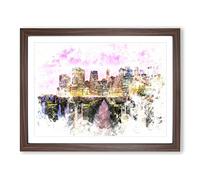 Manhattan From Brooklyn Bridge Watercolour Modern Framed Print | A4 Walnut Framed Wall Art | Ready to Hang | Modern Cityscape Picture | Living Room Bedroom Lounge Office