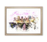 Manhattan From Brooklyn Bridge Watercolour Modern Framed Wall Art Print, Ready to Hang Picture for Living Room Bedroom Home Office Décor, Oak A4 (34 x 25 cm)