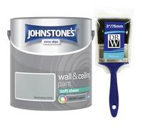 Manhattan Grey Johnstone’s Wall & Ceiling Soft Sheen Paint 2.5L + 3" Brush - Subtle Sheen Finish, Durable & Washable, Quick Dry, Low Odour Interior Paint for Walls & Ceilings