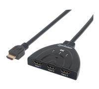 Manhattan HDMI Switch 3-Port 4K@60Hz Connects x3 HDMI sources to x1 display Manual Switching (via button) Integrated Cable (58cm) No external power required Black Three Year Warranty Blister