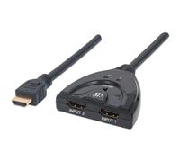 Manhattan HDMI Switch 2-Port, 1080p, Connects x2 HDMI sources to x1 display, Manual Switching (via button), Integrated Cable (50cm), No external power required, Black, Three Year Warranty, Blister