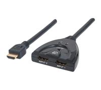 Manhattan HDMI Switch 2-Port, 1080p, Connects x2 HDMI sources to x1 display, Manual Switching (via button), Integrated Cable (50cm), No external power required, Black, Three Year Warranty