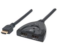 Manhattan HDMI Switch 2-Port, 1080p, Connects x2 HDMI sources to x1 display, Manual Switching (via button), Integrated Cable (50cm), No external power required, Black, Three Year Warranty, Blister