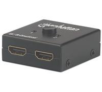 Manhattan HDMI Switch 2-Port, 4K@30Hz, Bi-Directional, Black, Displays output from x1 HDMI source to x2 HD displays (same output to both displays) or Connects x2 HDMI sources to x1 display, Manual Sel