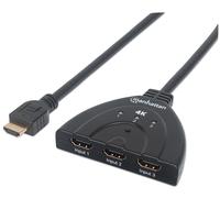 Manhattan HDMI Switch 3-Port 4K@60Hz Connects x3 HDMI sources to x1 display Manual Switching (via button) Integrated Cable (58cm) No external power required Black Three Year Warranty Blister