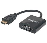 Manhattan HDMI to VGA Converter cable, 1080p, 30cm, Male to Female, Micro-USB Power Input Port for additional power if needed, Black, Three Year Warranty, Polybag