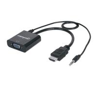 Manhattan HDMI to VGA (with Audio) Converter cable, 1080p, 30cm, Male to Female, Micro-USB Power Input Port for additional power if needed, Black, Three Year Warranty, Polybag