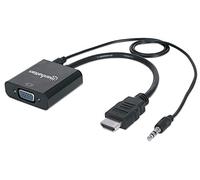 Manhattan HDMI to VGA (with Audio) Converter cable, 1080p, 30cm, Male to Female, Micro-USB Power Input Port for additional power if needed, Black, Three Year Warranty, Polybag