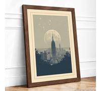 Manhattan Moonrise Minimalist Framed Wall Art Print A2 (59.4×42cm) Walnut, Wall Decor for Living Room, Bedroom, Office & Home, Ready to Hang, Art Gift