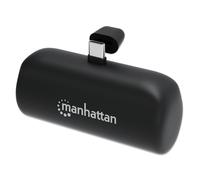 Manhattan Power Bank with integrated USB-C plug, 5000 mAh, Up to 10W output, Kickstand for Use as Charging Phone Holder, Black