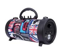 Manhattan London Bluetooth Speaker, Decent Sound Output (3W), 3 hour Playback time, FM Radio, Range 10m, microSD card reader (32GB), Aux 3.5mm connector, USB-A charging cable included, 1200mAH battery, Bluetooth v5, Three Years Warranty