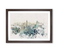 Manhattan Skyline in New York Watercolour Framed Print | A2 Walnut Framed Wall Art | Ready to Hang | Modern Cityscape Picture | Living Room Bedroom Lounge Office
