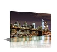Manhattan Skyline Wall Art Brooklyn Bridge Picture for Bedroom 1 Piece Black and White Wall Art Print Painting Artwork City Building Panoramic Night View Wall Decoration Framed Ready to Hang 18x12 in