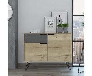 Manhattan Small White and Grey Sideboard, Bleached Pine, Metal Legs, Drawers