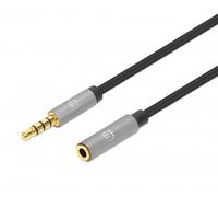 Manhattan Stereo Audio 3.5mm Extension Cable, 3m, Male/Female, Slim Design, Black/Silver, Premium with 24 karat gold plated contacts and pure oxygen-free copper (OFC) wire, Lifetime Warranty